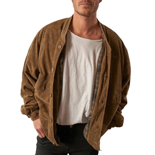 Herren Oversized Velourslederoptik Bomberjacke mit Karofutter und Knopfverschluss Shop Nory