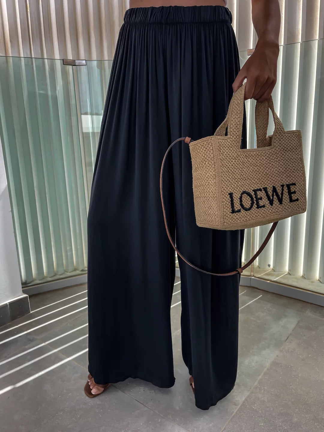 Damen weit geschnittene Palazzo-Hose mit hohem elastischem Bund und fließendem Jersey Shop Nory