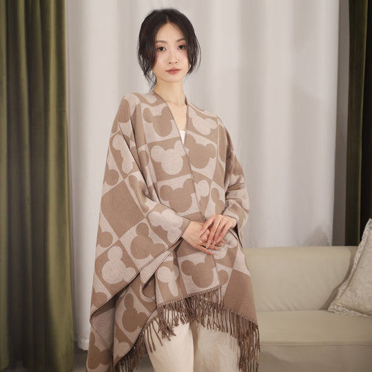 Damen Oversize-Jacquardponcho mit grafischem Kopf-Silhouettenmuster und Fransen Shop Nory
