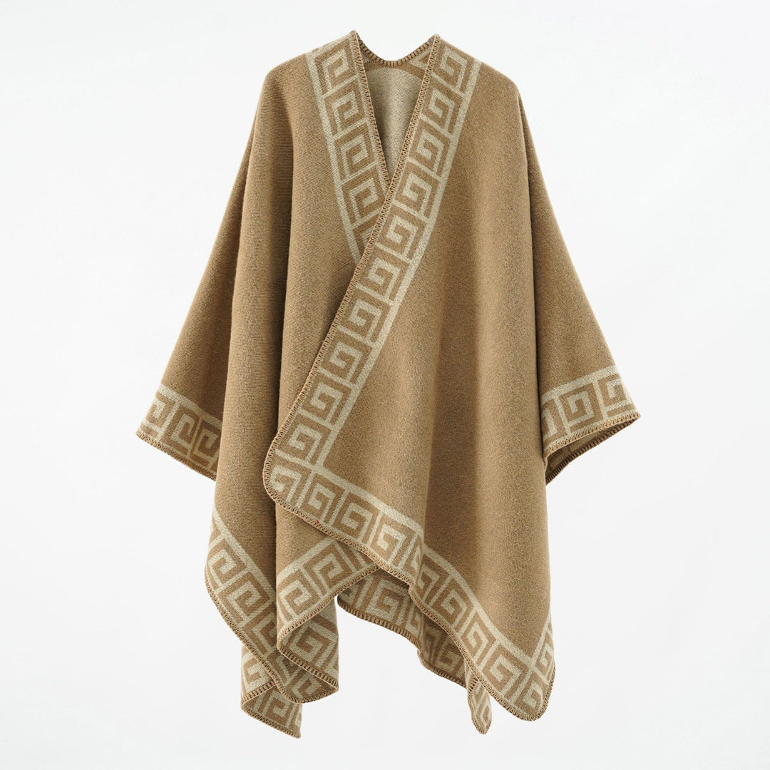 Damen Wollmix-Cape mit griechisch inspiriertem Bordürmuster und offenem Kimonofall Shop Nory