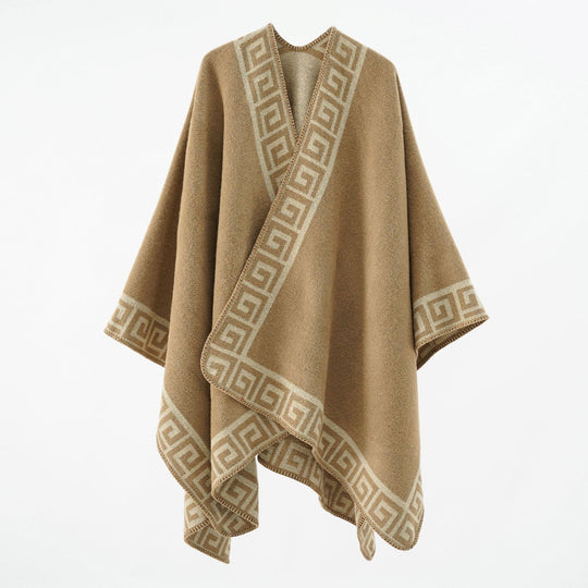 Damen Wollmix-Cape mit griechisch inspiriertem Bordürmuster und offenem Kimonofall Shop Nory