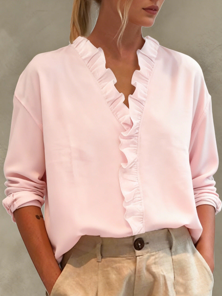 Damen Elegante V-Ausschnitt Bluse mit Volantbesatz und lockerem Oversize-Schnitt Shop Nory
