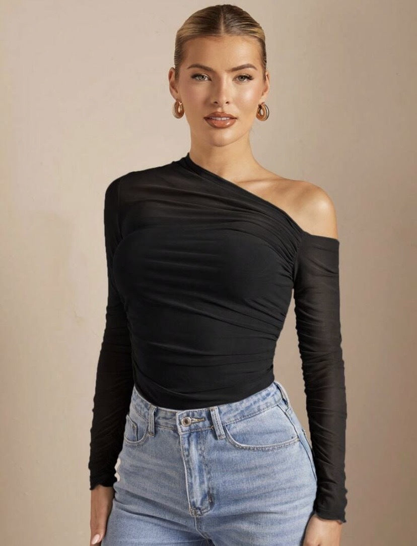 Damen Asymmetrischer Body mit Raffungen und langen Ärmeln