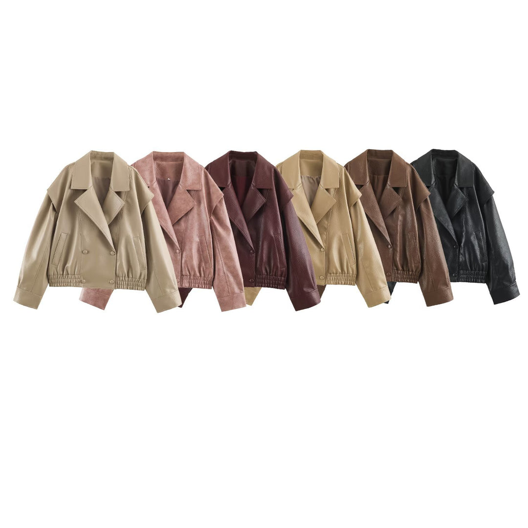 Damen Oversize Kunstlederjacke mit Doppelreihe, weitem Revers und elastischem Saum Shop Nory