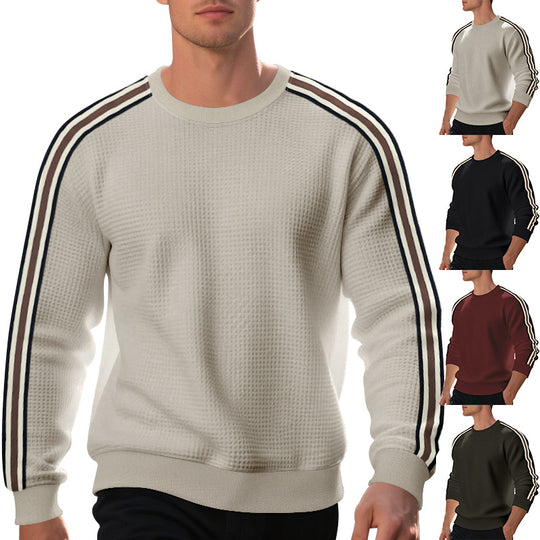 Herren Waffelstrick-Pullover mit kontrastierenden Ärmelstreifen und Rundhalsausschnitt Shop Nory