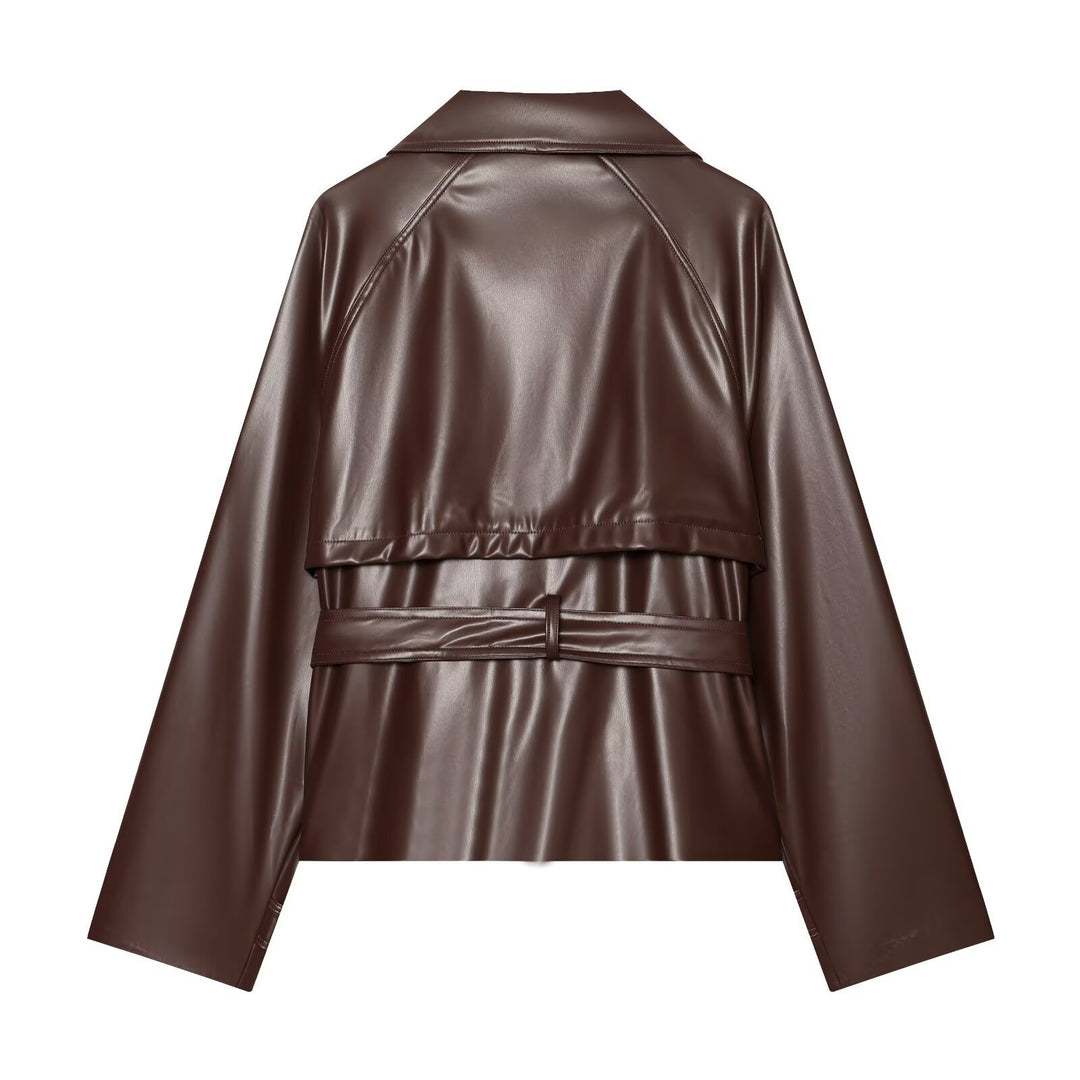 Damen taillierte Kunstlederjacke mit Stehkragen, Bindegürtel und doppelreihiger Knopfleiste Shop Nory