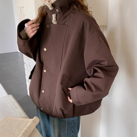 Damen Oversize-Utilityjacke mit hohem Teddykragen und Druckknopfleiste Shop Nory