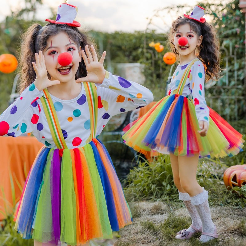 Mädchen Clownkostüm mit bunten Punkten und Tüllrock Shop Nory