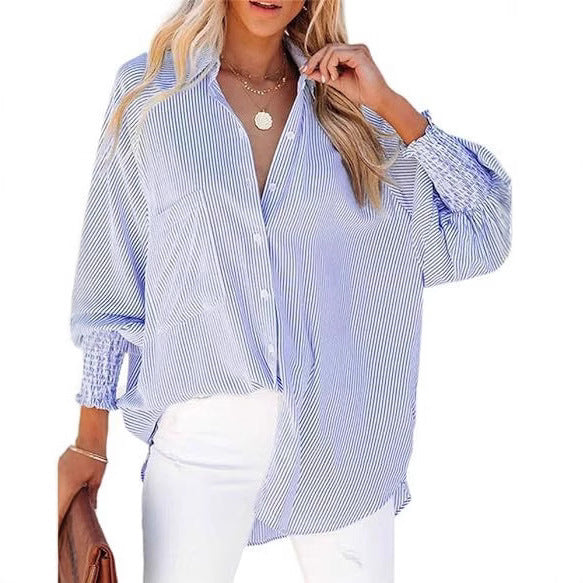 Damen legere Hemdbluse mit modischen Rüschenärmeln und Streifenmuster Shopnory
