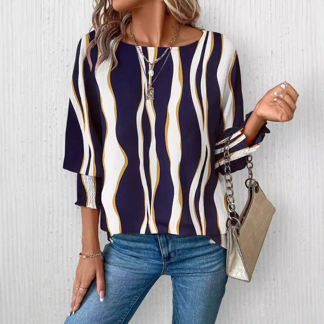 Damen Elegante blusige Oberteil mit Wellenmuster Shopnory