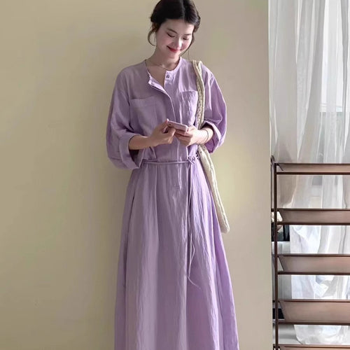 Damen Maxikleid mit Stehkragen, 3/4-Ärmeln und Tunnelzugtaillierung Shop Nory
