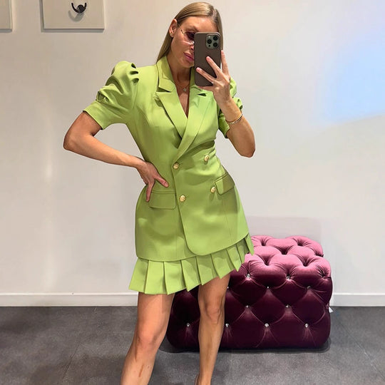 Damen Doppelreihiges Blazerkleid mit Puffärmeln und plissiertem Saum Shop Nory