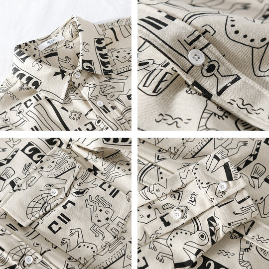 Herren Leichtes Baumwoll-Overshirt mit künstlerischem Linien-Print und doppelter Brusttasche Shop Nory
