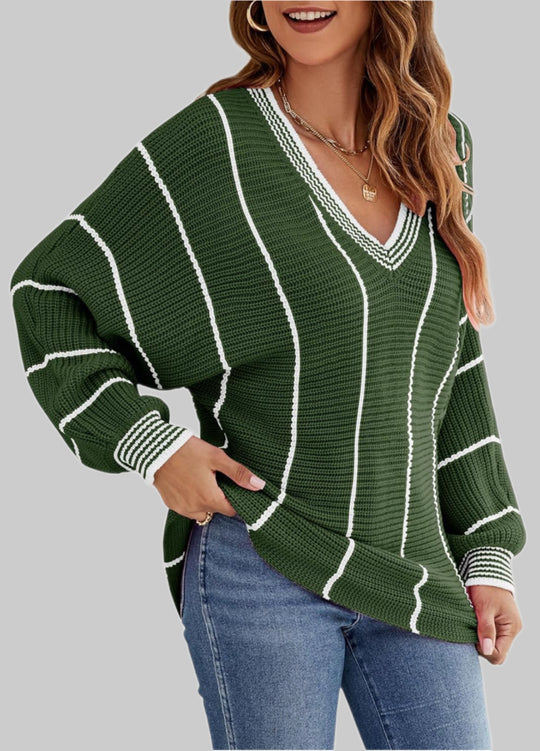 Damen Cropped Strickpullover mit V-Ausschnitt, Waffelstruktur und kontrastierenden Streifen Shop Nory