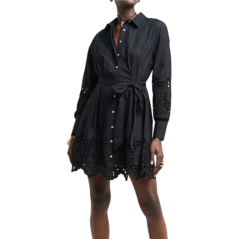 Damen Hemdblusenkleid mit Lochstickerei und Taillengürtel Shop Nory