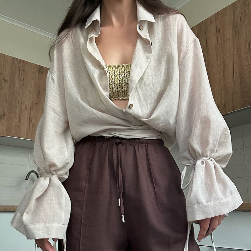 Damen lässige Leinenbluse mit bindbarem Gürtel Shopnory