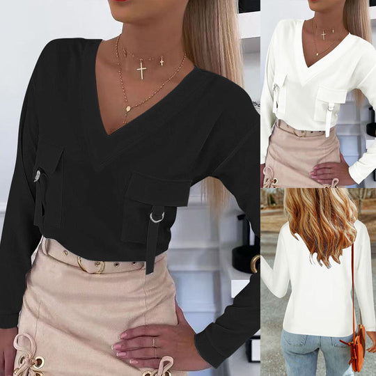 Damen Utilitär-Longsleeve mit V-Ausschnitt, Brusttaschen und D-Ring-Details Shop Nory