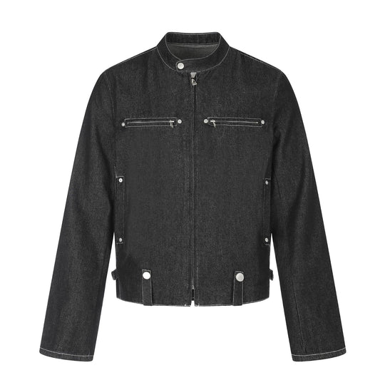 Herren Kurzer denim-inspirierter Worker-Blouson mit Stehkragen, Zipper-Brusttaschen und verstellbaren Taillenriegeln Shop Nory