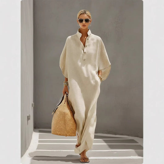 Damen Weites Kaftan-Midikleid mit Stehkragen und 3-Knopf-Blende Shop Nory