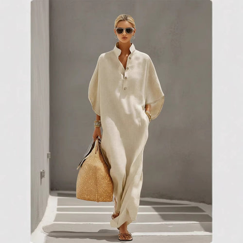 Damen Weites Kaftan-Midikleid mit Stehkragen und 3-Knopf-Blende Shop Nory