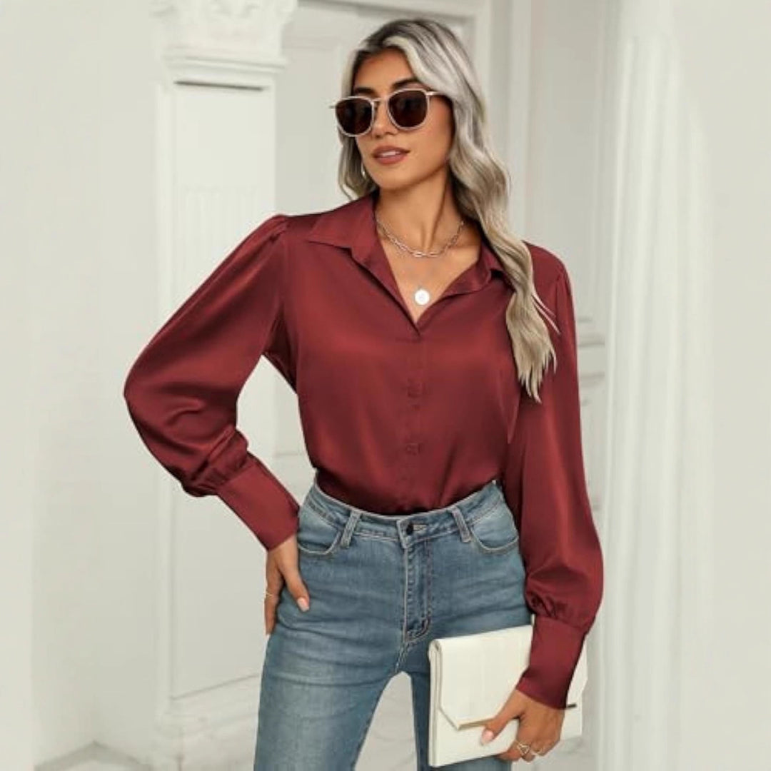Damen Seidenoptik-Bluse mit Hemdkragen, verdeckter Knopfleiste und langen Manschetten Shop Nory
