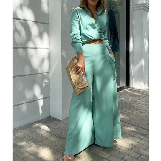 Damen Hochtaillierte weite Palazzo-Hose mit seitlicher Cargotasche und fließender Silhouette Shop Nory