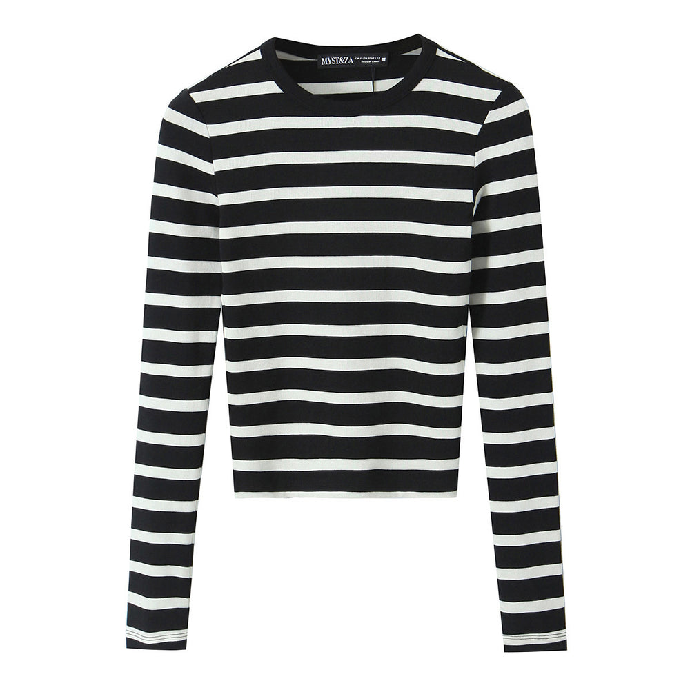 Damen Gestreiftes Cropped-Langarmshirt mit Rundhalsausschnitt Shop Nory