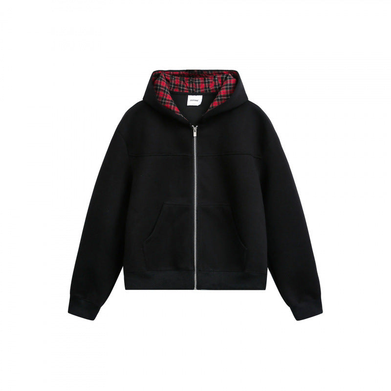 Damen Boxy-Kapuzen-Sweatjacke mit durchgehendem Reißverschluss, kariert gefütterter Kapuze und Kängurutaschen Shop Nory