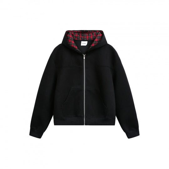 Damen Boxy-Kapuzen-Sweatjacke mit durchgehendem Reißverschluss, kariert gefütterter Kapuze und Kängurutaschen Shop Nory