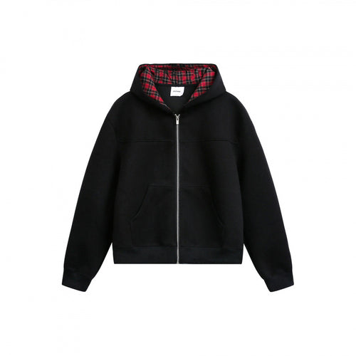Damen Boxy-Kapuzen-Sweatjacke mit durchgehendem Reißverschluss, kariert gefütterter Kapuze und Kängurutaschen Shop Nory