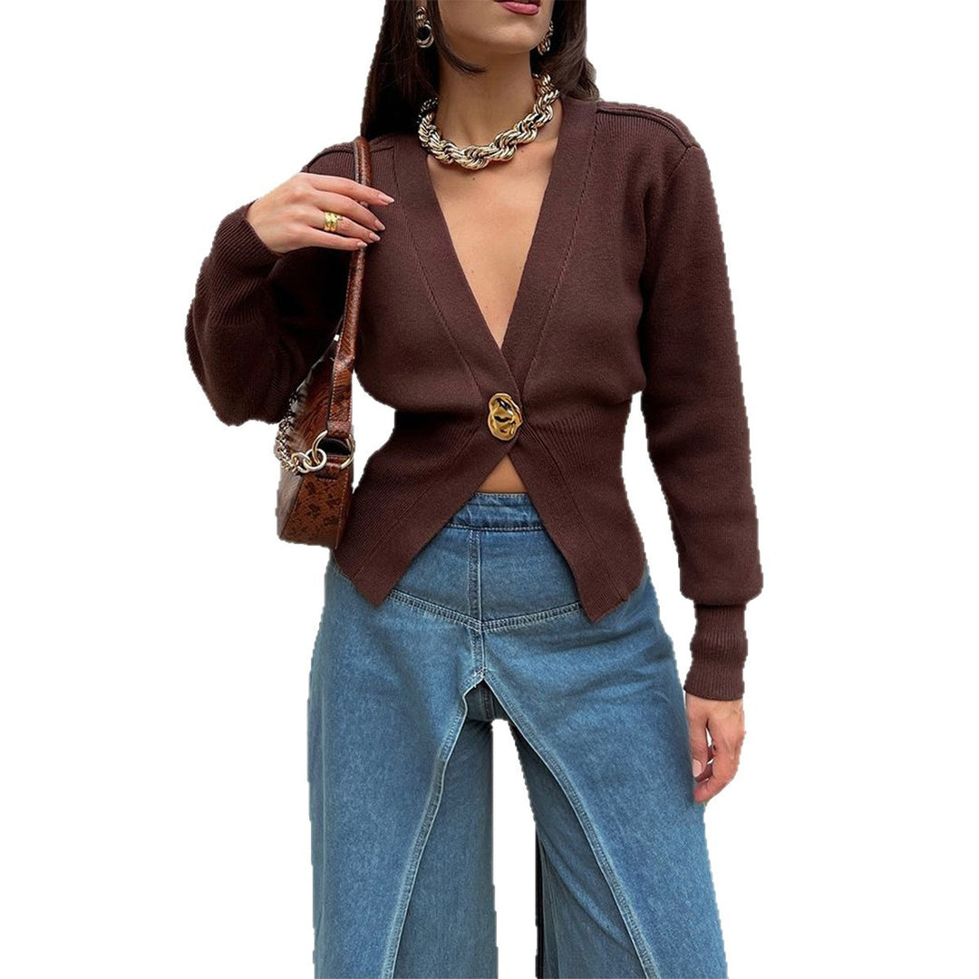 Damen nan taillierter Kurzcardigan mit tiefem V-Ausschnitt und dekorativem Zierknopf Shop Nory