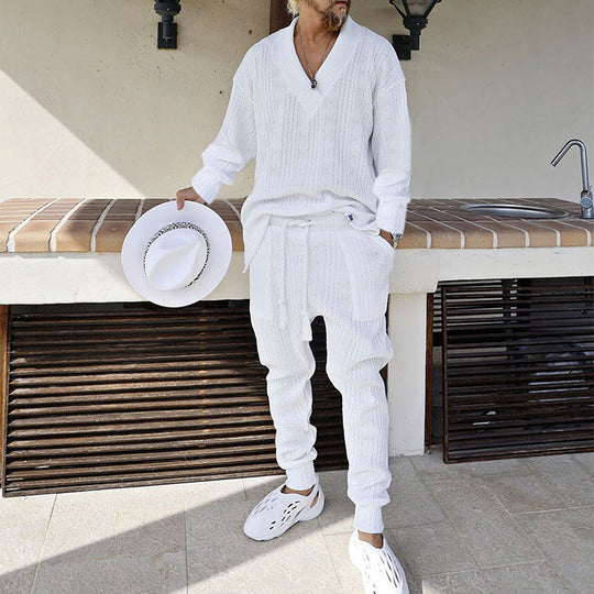 Herren Strukturiertes Strick-Loungewear-Set mit V-Ausschnitt und Tunnelzug-Jogginghose Shop Nory