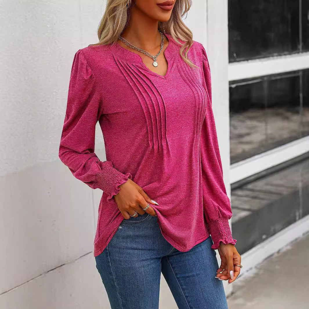 Damen nan Langarmshirt mit V-Ausschnitt, dekorativen Kellerfalten vorn und elastischen Smokbündchen Shop Nory