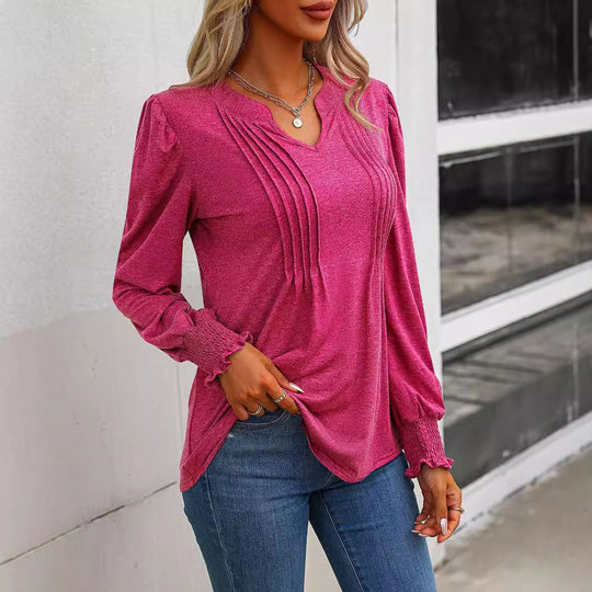 Damen nan Langarmshirt mit V-Ausschnitt, dekorativen Kellerfalten vorn und elastischen Smokbündchen Shop Nory