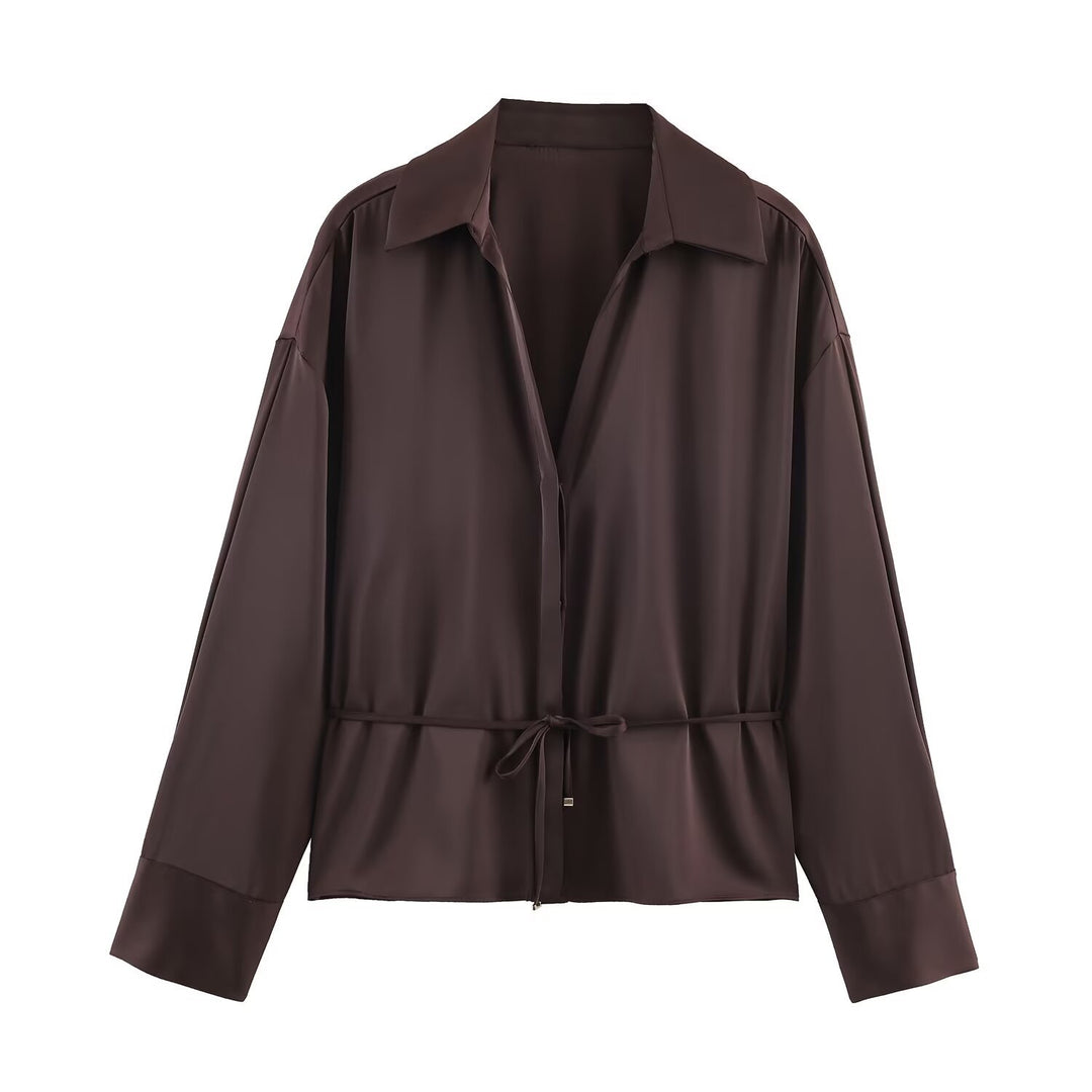 Damen Seidenähnliche Oversize-Hemdjacke mit Tunnelzugtaillierung und breiten Manschetten Shop Nory