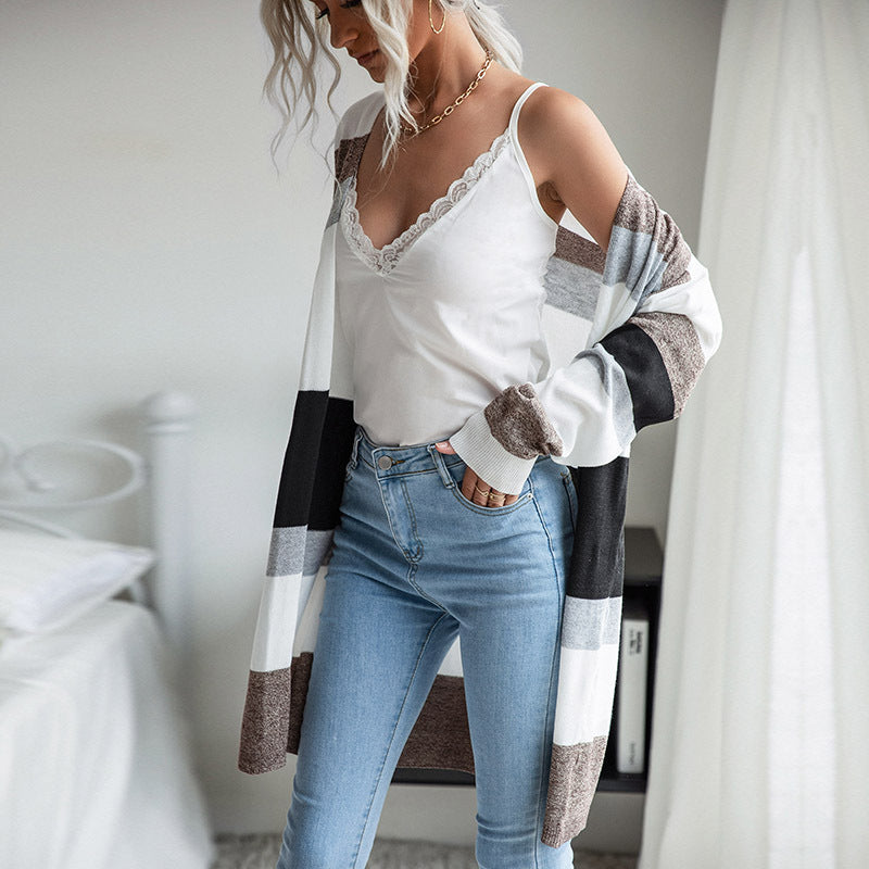 Damen Langer Offener Strickcardigan mit Blockstreifen, Leichtem Fall und Eingrifftaschen Shop Nory