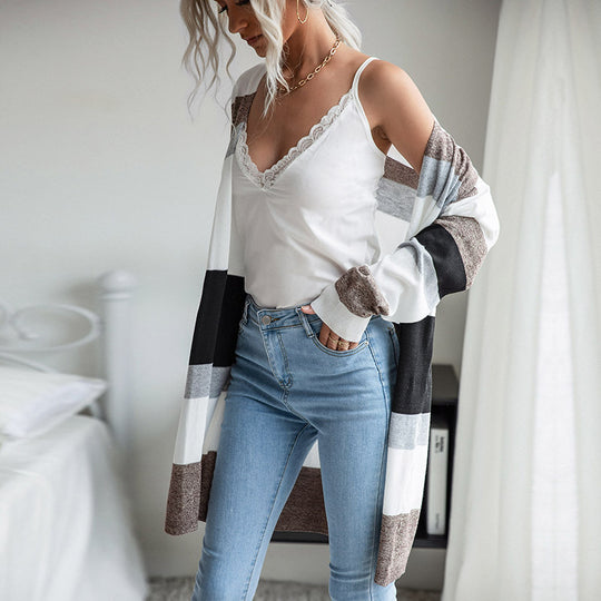 Damen Langer Offener Strickcardigan mit Blockstreifen, Leichtem Fall und Eingrifftaschen Shop Nory