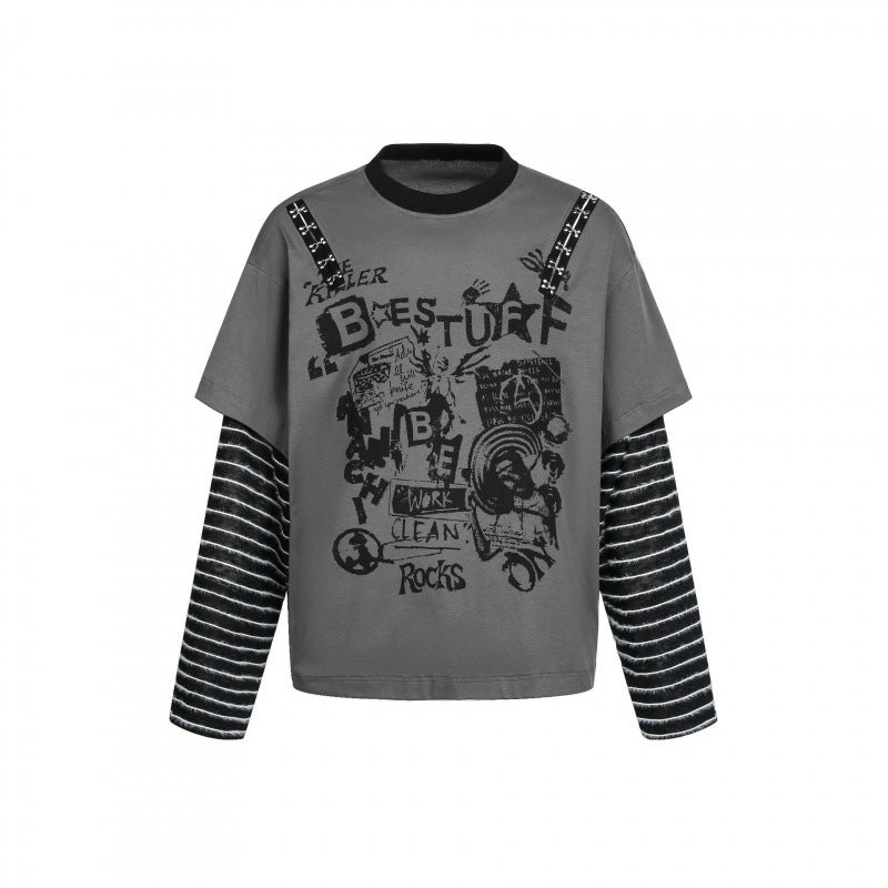 Damen Lagenlook-Longsleeve mit Grafikprint, gestreiften Einsatzärmeln und dekorativen Schulterträgern Shop Nory