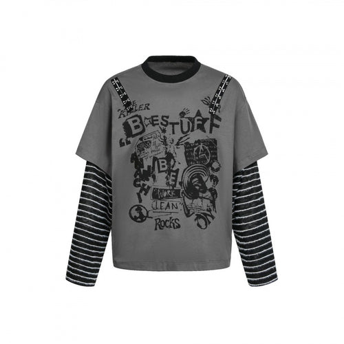 Damen Lagenlook-Longsleeve mit Grafikprint, gestreiften Einsatzärmeln und dekorativen Schulterträgern Shop Nory