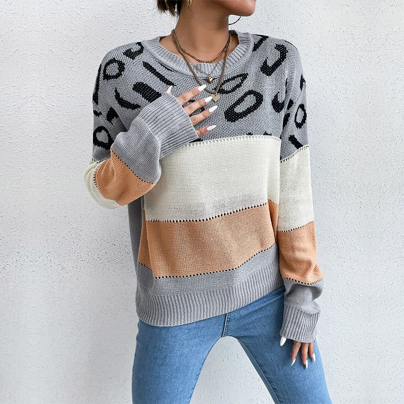 Damen Strickpullover mit Leopardenmuster und Blockstreifen Shop Nory