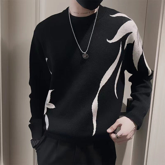 Herren Strickpullover mit abstraktem Flammen‑Jacquard und Rundhalsausschnitt Shop Nory