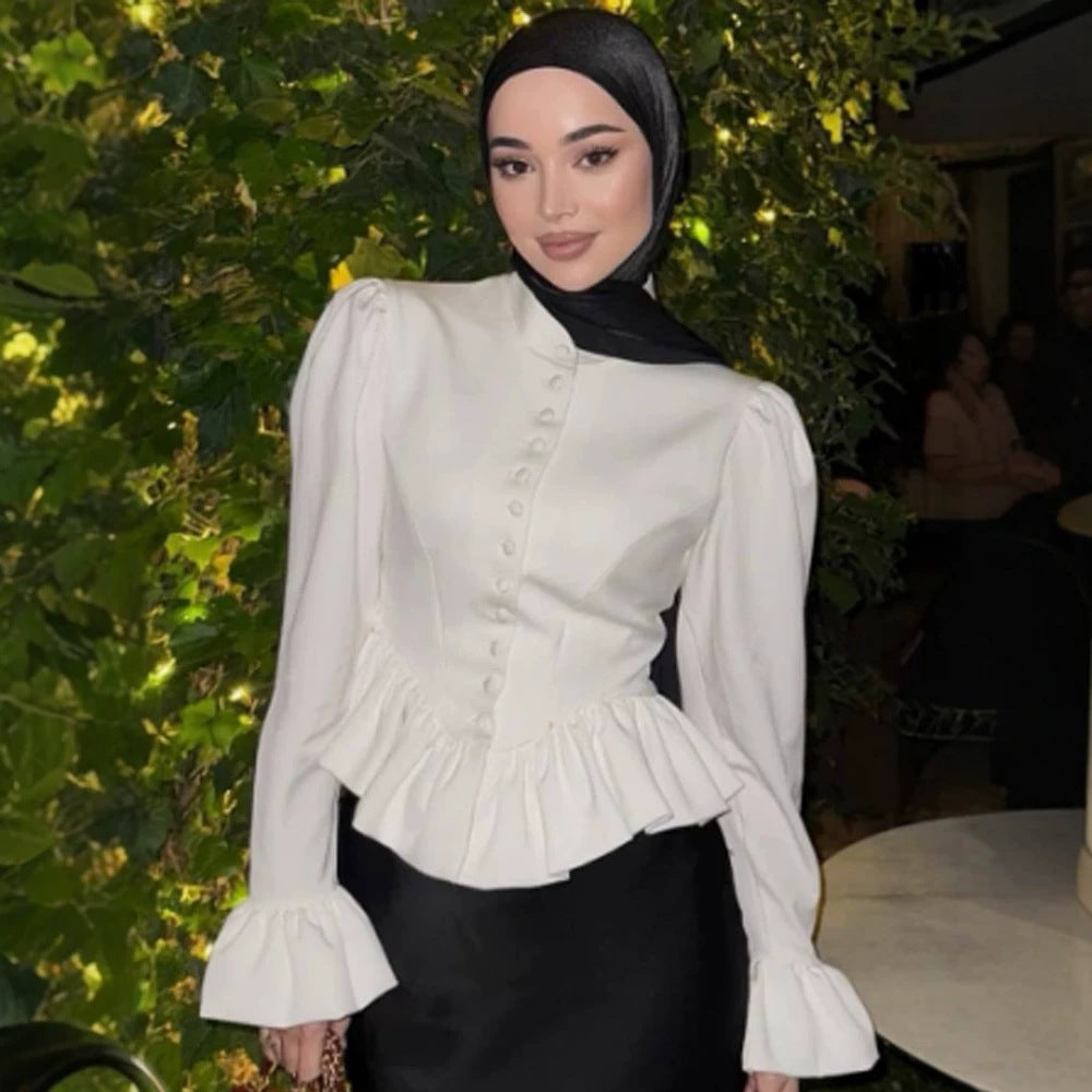 Damen Taillierte Peplum-Bluse mit Stehkragen, bezogener Knopfleiste und Puffärmeln Shop Nory