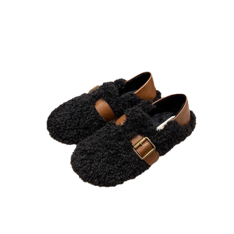 Damen Gefütterte Teddy-Flausch Mules mit verstellbarer Metallschnalle und Fersenriemen Shop Nory