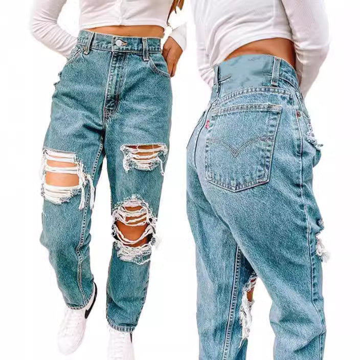 Damen Vintage High-Waist Destroyed Jeans mit fransigen Details