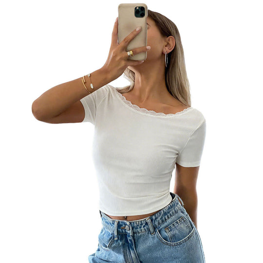 Damen geripptes Kurzarmshirt mit Spitzen-Bootsausschnitt und figurbetonter Stretch-Passform Shop Nory