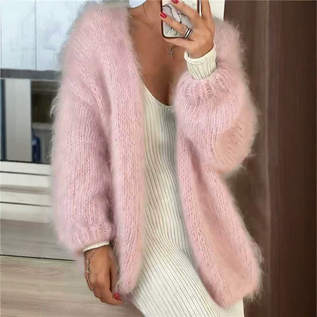 Damen Flauschiger Oversize Mohair-Optik Cardigan mit offenem Schnitt und Ballonärmeln Shop Nory