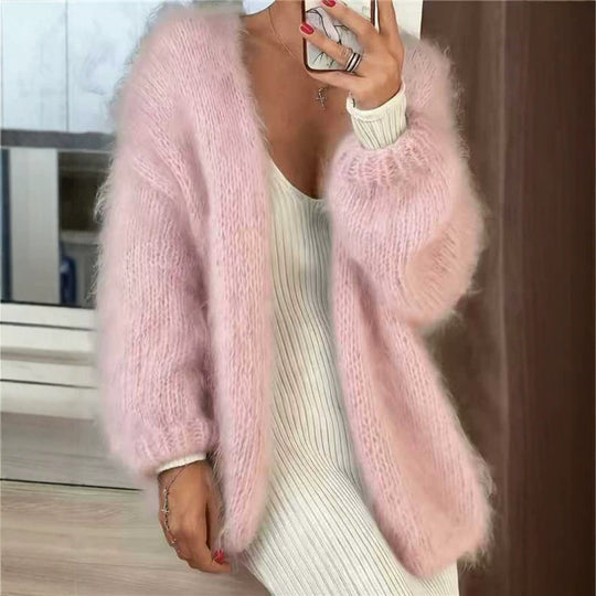 Damen Flauschiger Oversize Mohair-Optik Cardigan mit offenem Schnitt und Ballonärmeln Shop Nory
