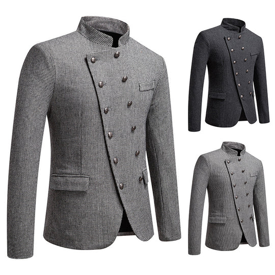 Herren Doppelreihiges Sakko im Military‑Stil mit Stehkragen und feiner Hahnentrittstruktur Shop Nory