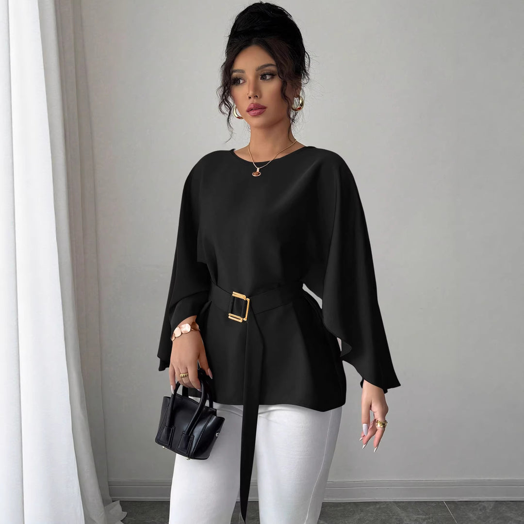 Damen Elegante Chiffon-Tunika mit Cape-Ärmeln und Taillengürtel Shop Nory