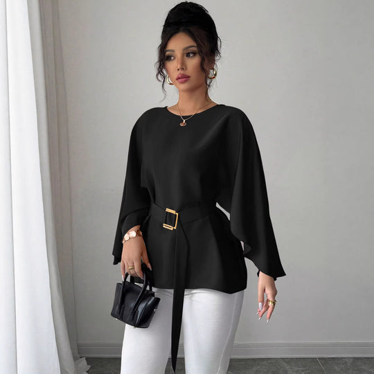 Damen Elegante Chiffon-Tunika mit Cape-Ärmeln und Taillengürtel Shop Nory